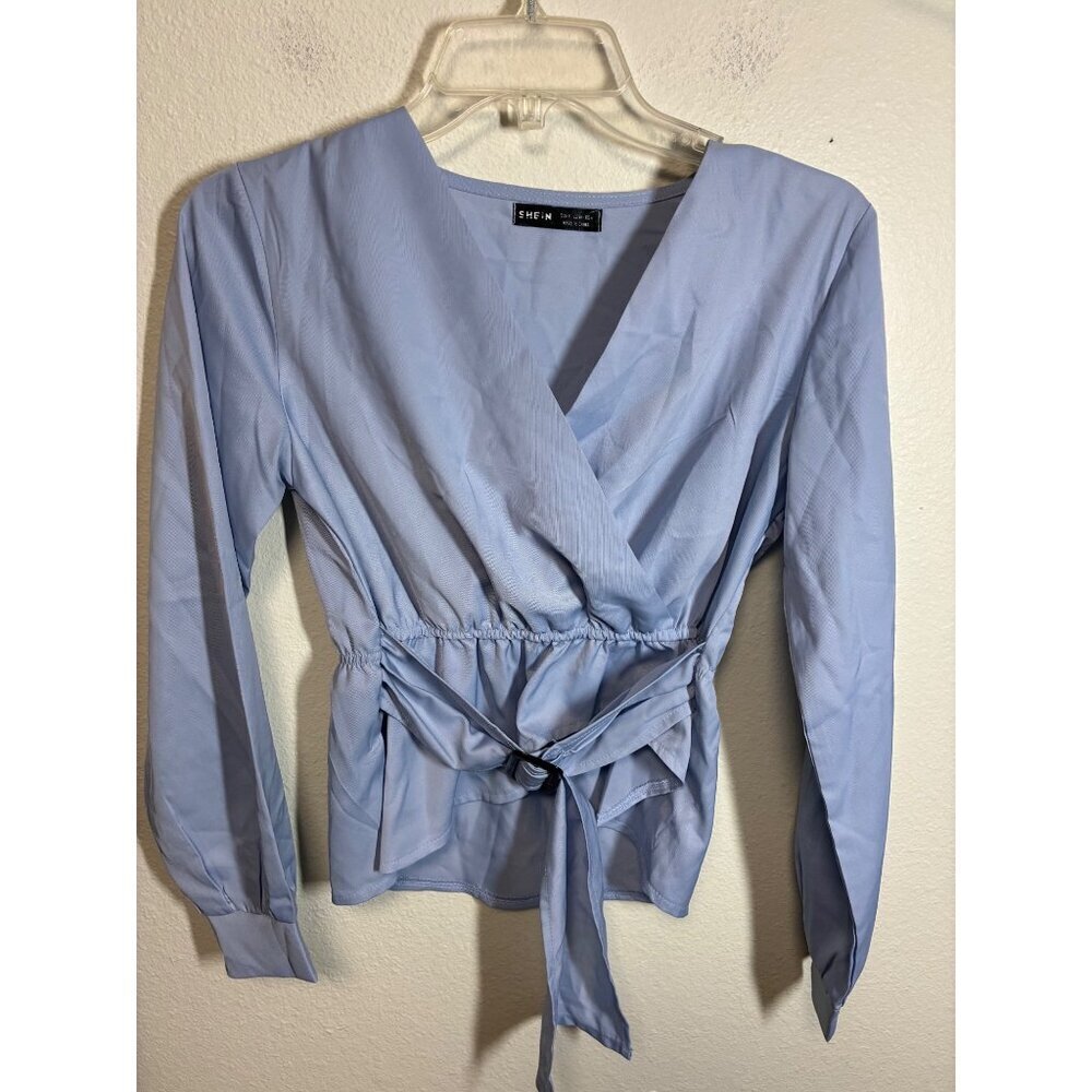 Long Sleeve Faux Wrap Blouse Business Casual Blue Boho Y2K Size 4